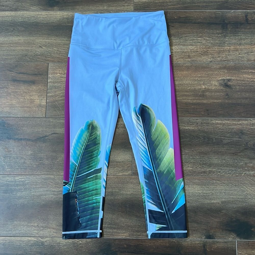 Zella Pure Vision High Waist Crop Yoga Leggings Palm Leaf Light Blue Size Small